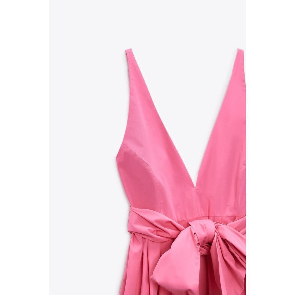 Zara Bow Pink Midi Dress Deep Plunge Poplin New Barbiecore Barbie - Picture 15 of 16